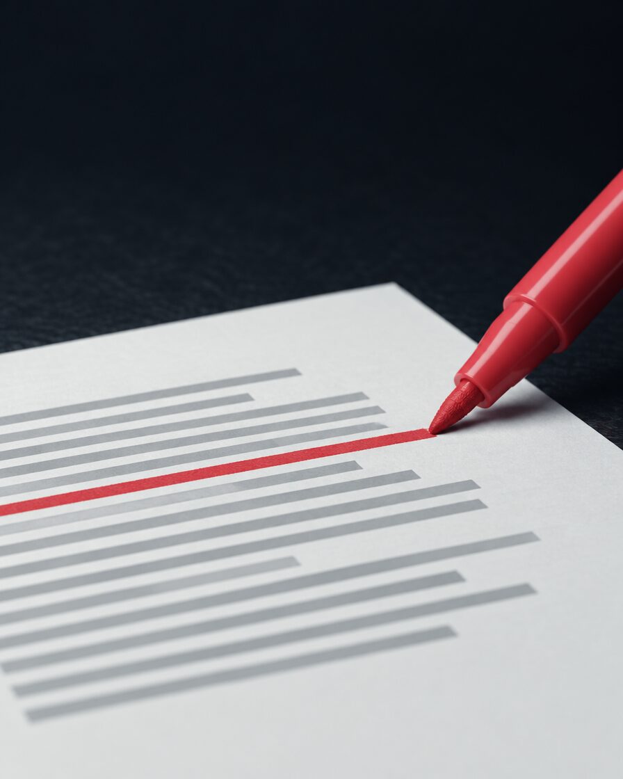 A red pen striking a line through a block of text on a sheet of paper